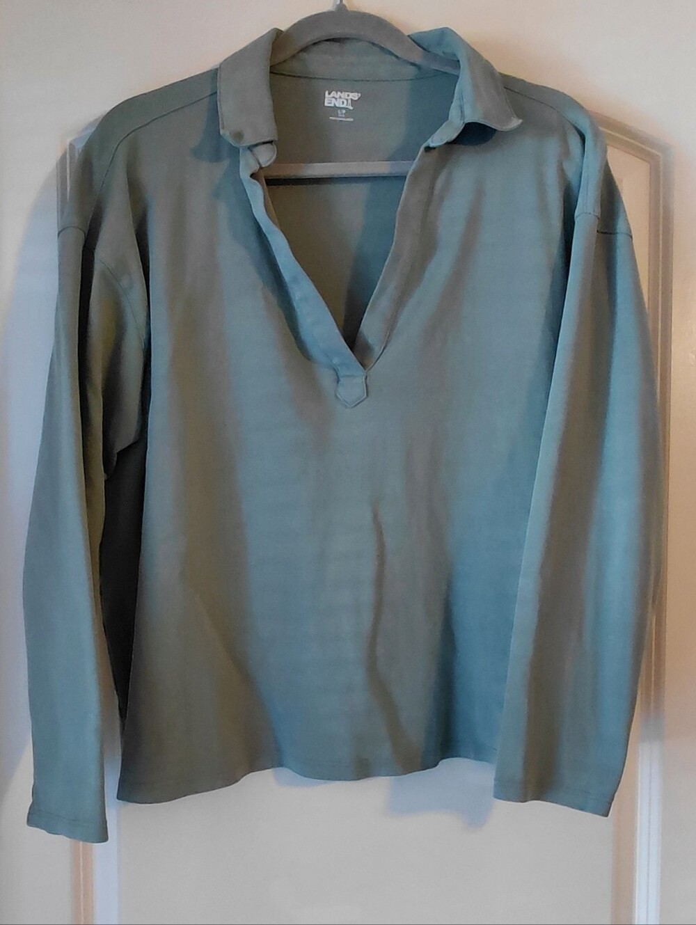 Lands End Cotton Sage Green Soft Popover Polo Long sleeve Shirt Large Petite